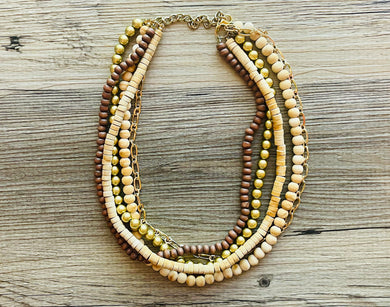 Gold & Brown statement necklace, chunky bib beaded jewelry 5 strand neutral necklace, wood multi strand wood, Traveler Collection