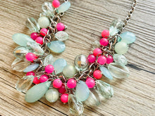 Load image into Gallery viewer, Green &amp; pink Cluster Necklace, silver and green beaded necklace, holiday jewelry, neon pink crystal necklace bib statement Necklace