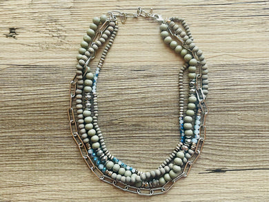 Blue & Gray Chain beaded Statement Chunky Necklace, casual necklace, Traveler 4 strand black necklace, big bead necklace, silver jewelry