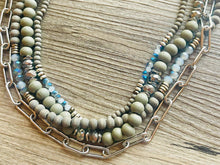 Load image into Gallery viewer, Blue &amp; Gray Chain beaded Statement Chunky Necklace, casual necklace, Traveler 4 strand black necklace, big bead necklace, silver jewelry