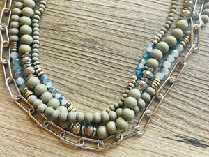 Blue & Gray Chain beaded Statement Chunky Necklace, casual necklace, Traveler 4 strand black necklace, big bead necklace, silver jewelry