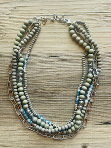 Blue & Gray Chain beaded Statement Chunky Necklace, casual necklace, Traveler 4 strand black necklace, big bead necklace, silver jewelry