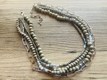 Load image into Gallery viewer, Blue &amp; Gray Chain beaded Statement Chunky Necklace, casual necklace, Traveler 4 strand black necklace, big bead necklace, silver jewelry