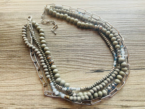 Blue & Gray Chain beaded Statement Chunky Necklace, casual necklace, Traveler 4 strand black necklace, big bead necklace, silver jewelry