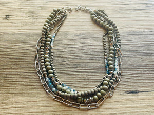 Blue & Gray Chain beaded Statement Chunky Necklace, casual necklace, Traveler 4 strand black necklace, big bead necklace, silver jewelry
