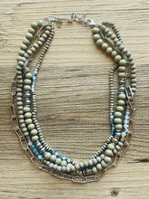 Load image into Gallery viewer, Blue &amp; Gray Chain beaded Statement Chunky Necklace, casual necklace, Traveler 4 strand black necklace, big bead necklace, silver jewelry