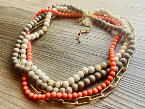 Coral Gray & Gold statement necklace, chunky bib beaded jewelry 4 strand neutral, wood multi strand wood thick bib vintage