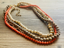 Load image into Gallery viewer, Coral Gray &amp; Gold statement necklace, chunky bib beaded jewelry 4 strand neutral, wood multi strand wood thick bib vintage