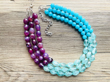 Load image into Gallery viewer, West Coast Necklace, 3 strand bright jewelry, big beaded chunky statement, periwinkle orchid blue aqua royal purple, royal blue mint green