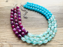 Load image into Gallery viewer, West Coast Necklace, 3 strand bright jewelry, big beaded chunky statement, periwinkle orchid blue aqua royal purple, royal blue mint green