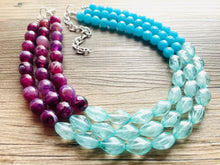 Load image into Gallery viewer, West Coast Necklace, 3 strand bright jewelry, big beaded chunky statement, periwinkle orchid blue aqua royal purple, royal blue mint green