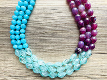 Load image into Gallery viewer, West Coast Necklace, 3 strand bright jewelry, big beaded chunky statement, periwinkle orchid blue aqua royal purple, royal blue mint green