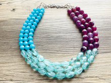 Load image into Gallery viewer, West Coast Necklace, 3 strand bright jewelry, big beaded chunky statement, periwinkle orchid blue aqua royal purple, royal blue mint green