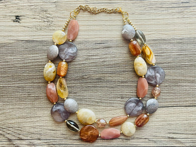Coffee Shop Gold Statement Necklace, multi strand jewelry, big beaded chunky statement necklace, rosegold cream brown neutral champagne
