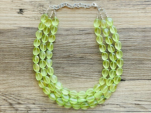 Cucumber Green Chunky Statement Necklace & Stretch Bracelet set, Triple Strand Beaded Jewelry, light green jewelry, bridesmaid jelly bean