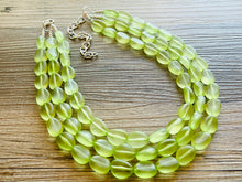 Load image into Gallery viewer, Cucumber Green Chunky Statement Necklace &amp; Stretch Bracelet set, Triple Strand Beaded Jewelry, light green jewelry, bridesmaid jelly bean