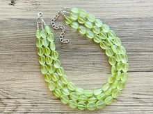 Load image into Gallery viewer, Cucumber Green Chunky Statement Necklace &amp; Stretch Bracelet set, Triple Strand Beaded Jewelry, light green jewelry, bridesmaid jelly bean