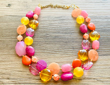 Load image into Gallery viewer, Flamingo Pink Statement Necklace, Purple Chunky Beaded Necklace Jewelry Necklace, Hot pink Necklace, magenta beaded orange yellow