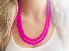 Load image into Gallery viewer, Neon Pink Day Glow 3 Strand Big Beaded Statement Necklace, pink Jewelry set, pink earrings, pink beaded necklace, bridesmaid magenta