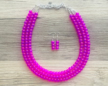 Load image into Gallery viewer, Neon Pink Day Glow 3 Strand Big Beaded Statement Necklace, pink Jewelry set, pink earrings, pink beaded necklace, bridesmaid magenta