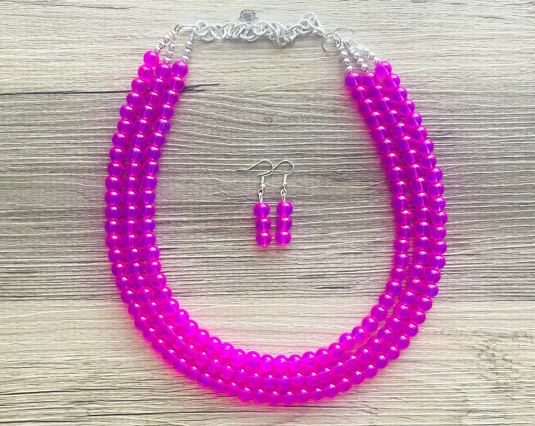 Neon Pink Day Glow 3 Strand Big Beaded Statement Necklace, pink Jewelry set, pink earrings, pink beaded necklace, bridesmaid magenta