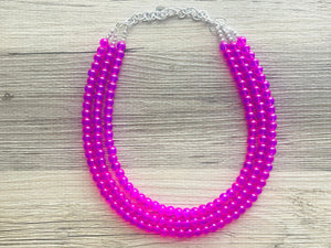 Neon Pink Day Glow 3 Strand Big Beaded Statement Necklace, pink Jewelry set, pink earrings, pink beaded necklace, bridesmaid magenta