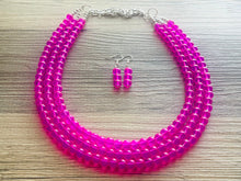 Load image into Gallery viewer, Neon Pink Day Glow 3 Strand Big Beaded Statement Necklace, pink Jewelry set, pink earrings, pink beaded necklace, bridesmaid magenta