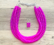 Load image into Gallery viewer, Neon Pink Day Glow 5 Strand Big Beaded Statement Necklace, pink Jewelry set, pink earrings, pink beaded necklace, bridesmaid magenta