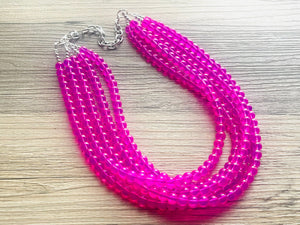 Neon Pink Day Glow 5 Strand Big Beaded Statement Necklace, pink Jewelry set, pink earrings, pink beaded necklace, bridesmaid magenta