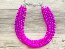 Load image into Gallery viewer, Neon Pink Day Glow 5 Strand Big Beaded Statement Necklace, pink Jewelry set, pink earrings, pink beaded necklace, bridesmaid magenta