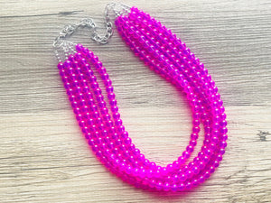 Neon Pink Day Glow 5 Strand Big Beaded Statement Necklace, pink Jewelry set, pink earrings, pink beaded necklace, bridesmaid magenta