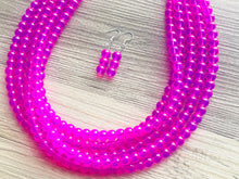 Load image into Gallery viewer, Neon Pink Day Glow 5 Strand Big Beaded Statement Necklace, pink Jewelry set, pink earrings, pink beaded necklace, bridesmaid magenta