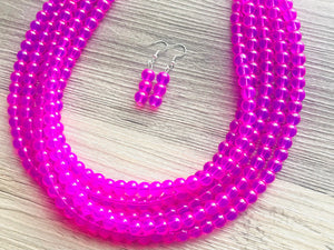 Neon Pink Day Glow 5 Strand Big Beaded Statement Necklace, pink Jewelry set, pink earrings, pink beaded necklace, bridesmaid magenta