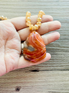 GemStone Chunky Statement Necklace, brown red striped gemstone necklace, long gem jewelry beaded necklace, agate jewelry pendant long