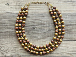 Gold & Brown statement necklace, chunky bib beaded jewelry 3 strand neutral necklace, wood multi strand wood, Traveler Collection