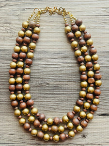 Gold & Brown statement necklace, chunky bib beaded jewelry 3 strand neutral necklace, wood multi strand wood, Traveler Collection