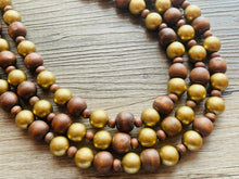 Load image into Gallery viewer, Gold &amp; Brown statement necklace, chunky bib beaded jewelry 3 strand neutral necklace, wood multi strand wood, Traveler Collection