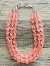 Load image into Gallery viewer, Peach Chunky Statement Necklace &amp; Stretch Bracelet set, Triple Strand Beaded Jewelry, light coral pink jewelry, bridesmaid jelly bean