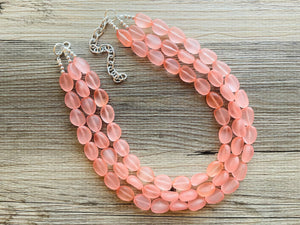 Peach Chunky Statement Necklace & Stretch Bracelet set, Triple Strand Beaded Jewelry, light coral pink jewelry, bridesmaid jelly bean