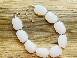 White Big Beaded Statement Necklace, Neutral Statement Jewelry single strand large resin layering bead silver necklace