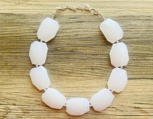 White Big Beaded Statement Necklace, Neutral Statement Jewelry single strand large resin layering bead silver necklace