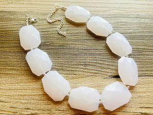 White Big Beaded Statement Necklace, Neutral Statement Jewelry single strand large resin layering bead silver necklace