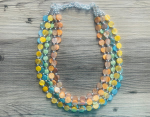 Summer Sunset Shell Necklace, 5 strand statement necklace orange blue yellow tan shiny necklace, bridesmaid geometric shell jewelry