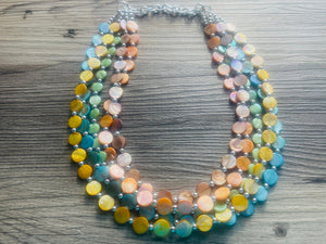 Summer Sunset Shell Necklace, 5 strand statement necklace orange blue yellow tan shiny necklace, bridesmaid geometric shell jewelry