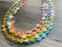 Load image into Gallery viewer, Summer Sunset Shell Necklace, 5 strand statement necklace orange blue yellow tan shiny necklace, bridesmaid geometric shell jewelry