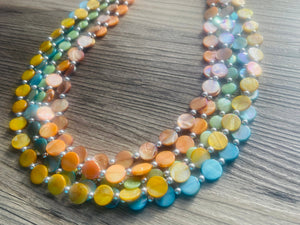 Summer Sunset Shell Necklace, 5 strand statement necklace orange blue yellow tan shiny necklace, bridesmaid geometric shell jewelry