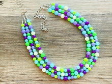 Load image into Gallery viewer, Neon Seascape Statement Necklace, chunky bib beaded jewelry, Summer purple blue green necklace, beaded acrylic jewelry lime aqua
