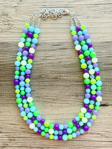 Neon Seascape Statement Necklace, chunky bib beaded jewelry, Summer purple blue green necklace, beaded acrylic jewelry lime aqua