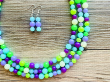 Load image into Gallery viewer, Neon Seascape Statement Necklace, chunky bib beaded jewelry, Summer purple blue green necklace, beaded acrylic jewelry lime aqua