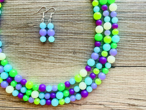 Neon Seascape Statement Necklace, chunky bib beaded jewelry, Summer purple blue green necklace, beaded acrylic jewelry lime aqua